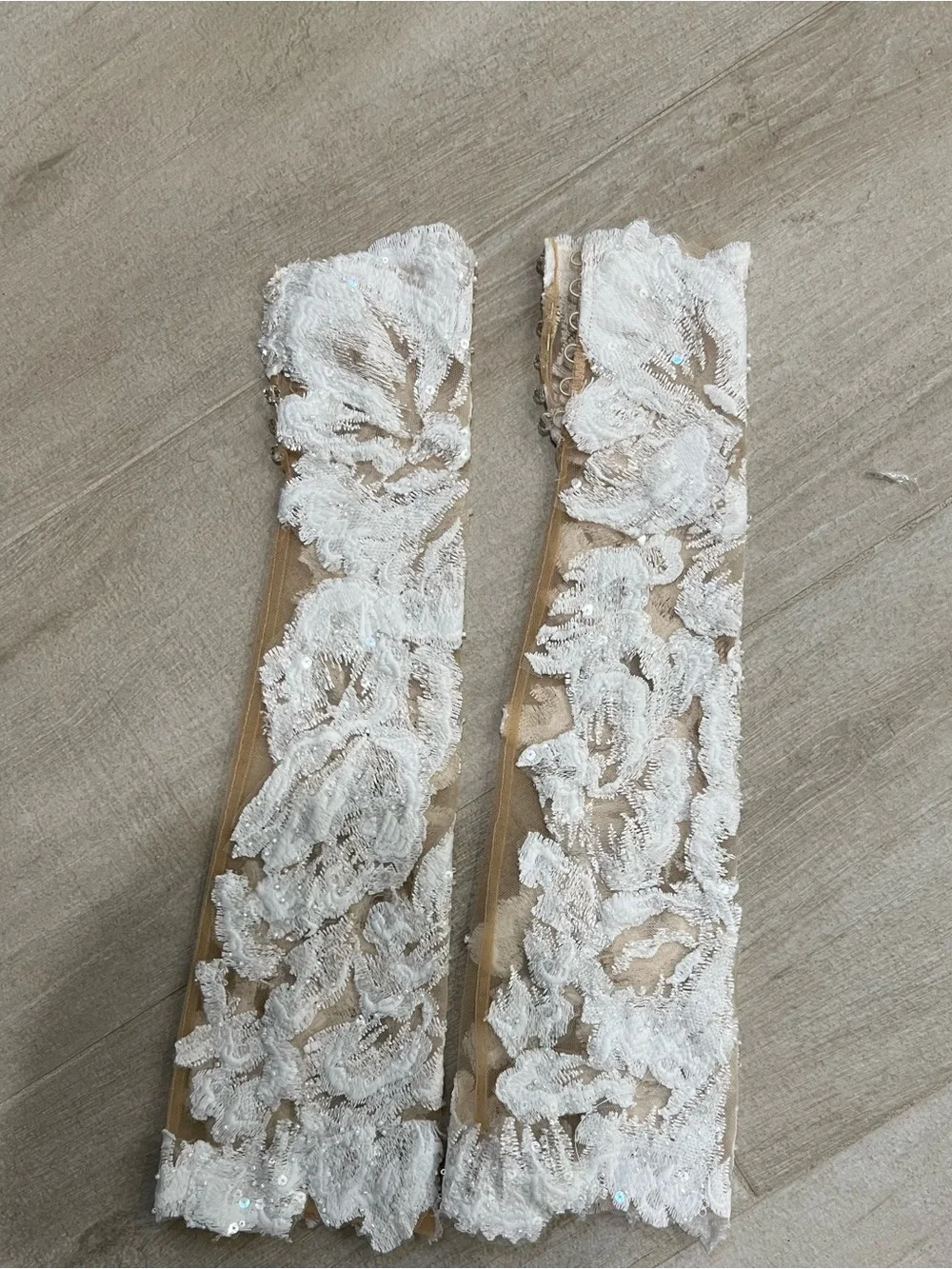 Bridal Lace Sequin Forearm Gloves - White over Nude